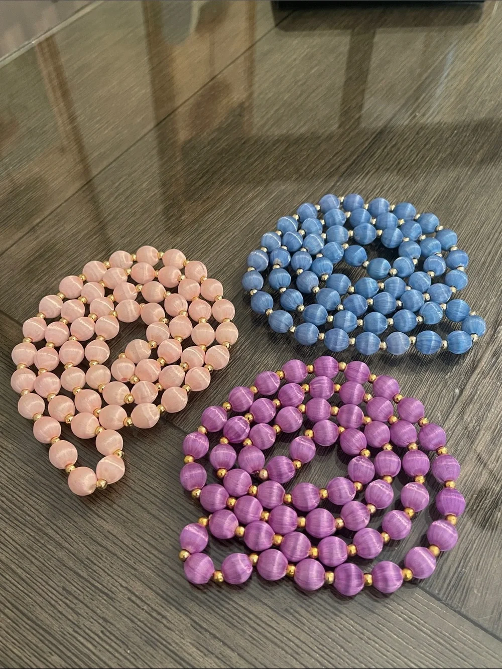 Vintage 3 Necklaces with Spun Silk Satin Beads Gold Tone Spacers 30 In. Approx